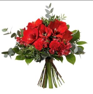 Bukett med amaryllis, nejlikor, alstroemeria och blandat grönt. Färg på blommorna: röd. Skicka buketten med ett blomsterbud från Interflora!