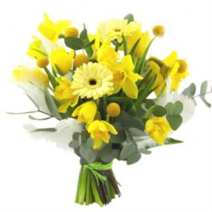 Påskbukett med gula blommor (här gergera o. påskliljor tillsammans med eucalyptus). Beställ ditt blomsterbud hos Florister i Sverige!