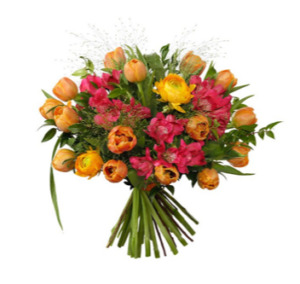 Färgglad blombukett med tulpaner, ranunkler, alstromeria och grönt. Skicka blommorna med ett bud från Interflora