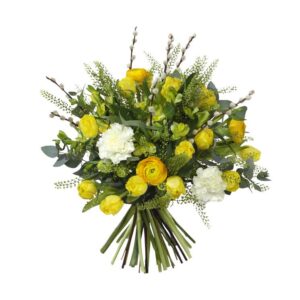 Bukett med tulpaner, alstroemeria, ranunkel, nejlikor och grönt. De flesta blommor i gult, vissa vita inslag. Beställ ditt blomsterbud hos Interflora!