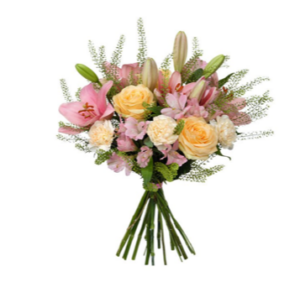 Morsdagsbukett från Interflora, med blandade blommor i rosa, gult och vitt.