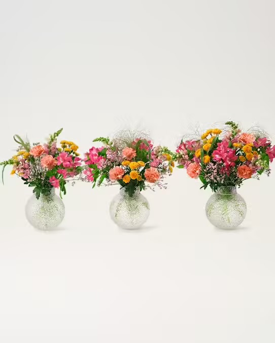 Skicka blommor med bud via Interflora! Interfloras Augustibukett,med lejongap, alstroemeria, nejlika, krysantemum och gröna blad. Välj mellan tre storlekar - här, en bild på de tre storlekarna.
